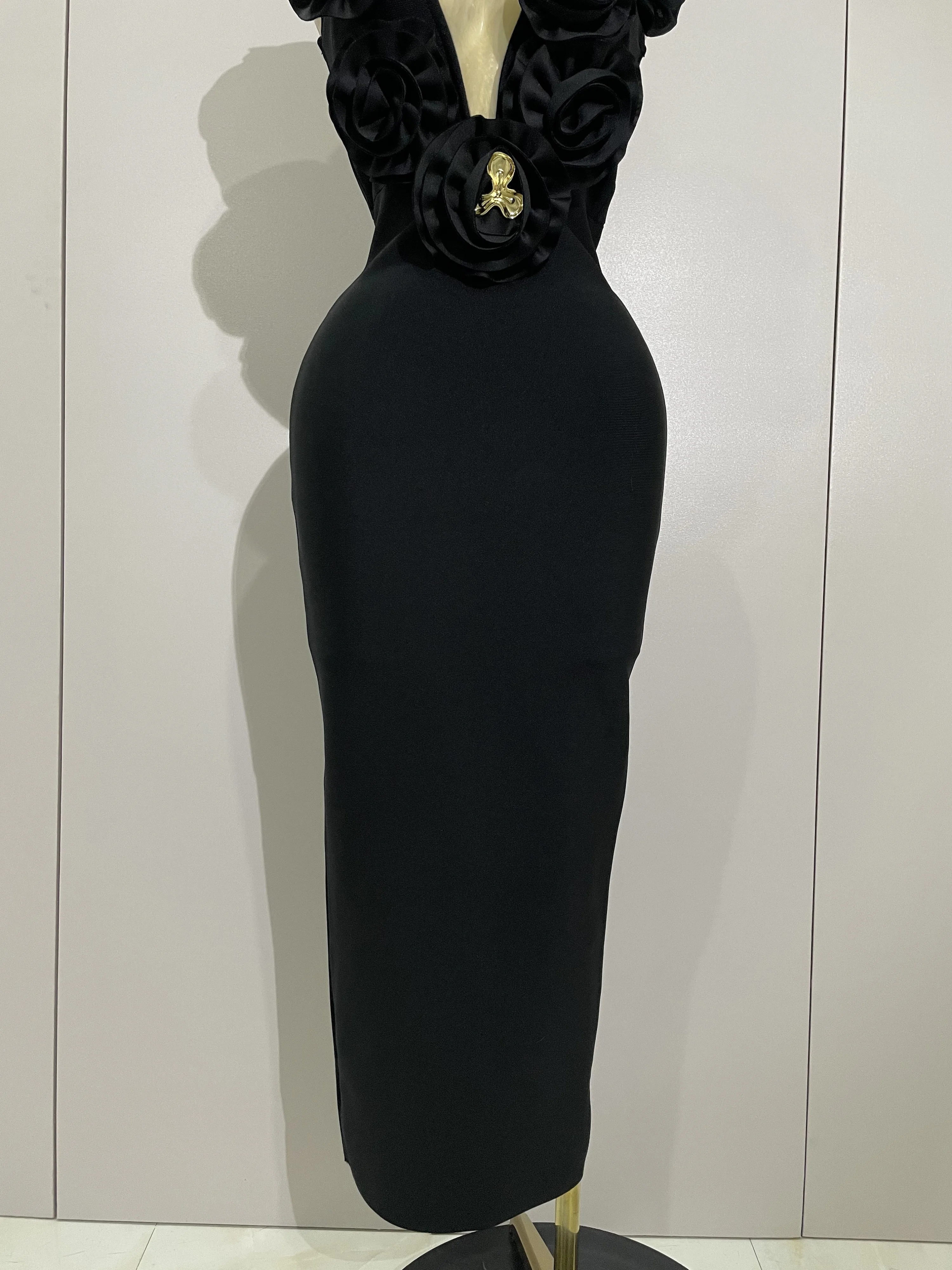 2025 Sexy mode noir 3D fleur sans manches moulante longue robe de pansement femmes célébrité élégante fête d'anniversaire robe robes