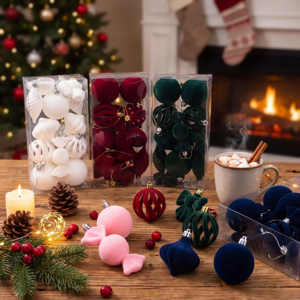 Creative Christmas Flocked Ornament Set Hollow Bowknot Threaded Tree Baubles Holiday Atmosphere Hanging Decor Items