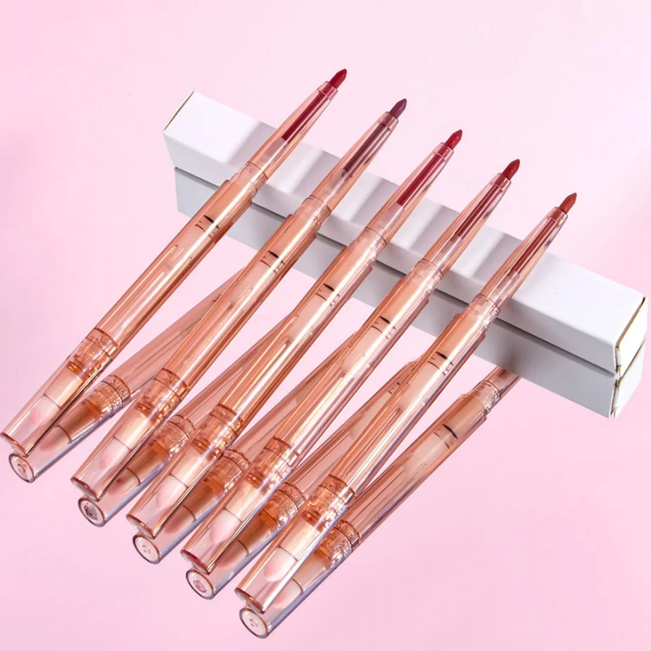 โลโก้ที่กําหนดเองหมุนอัตโนมัติสีแดง Lip Liner พร้อมแปรงดินสอแต่งหน้าลิปสติกติดทนนานดินสอกันน้ํา Moisturizing Lip