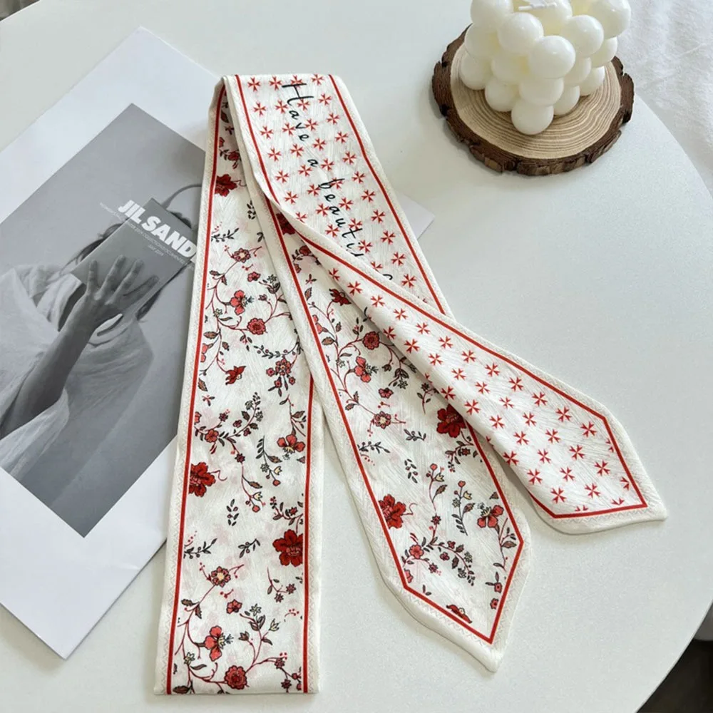 

Summer Versatile Satin Silk Ribbon Scarf Fresh Floral Narrow Bag Strap Long Thin Hair Tie for Women