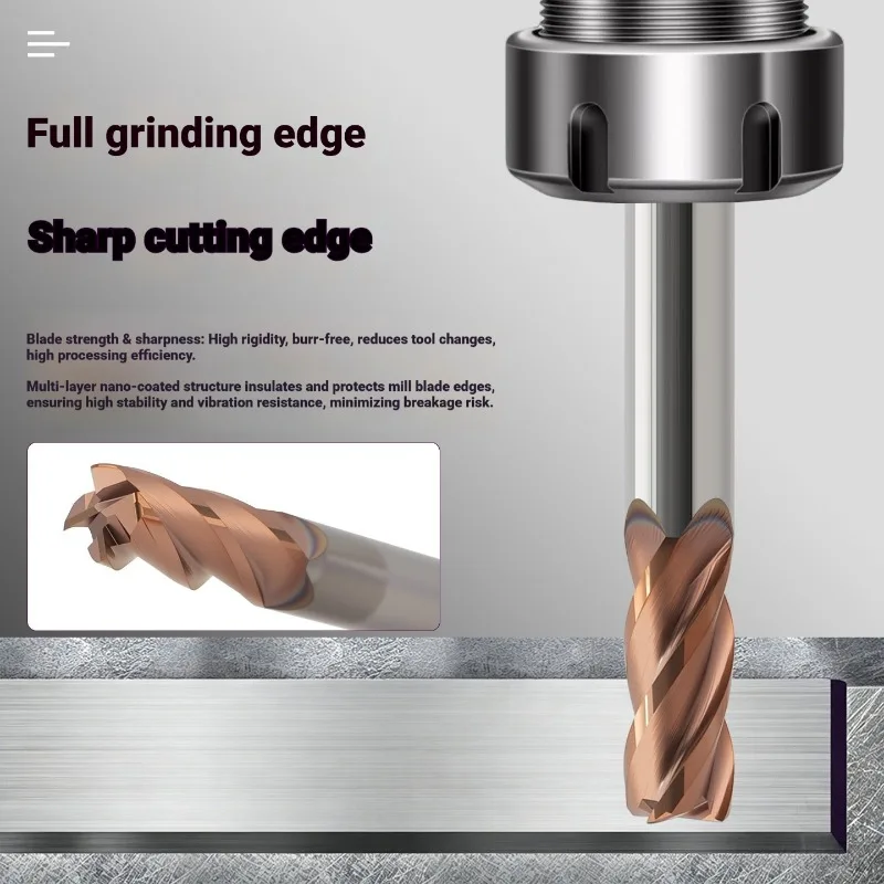 HRC62 Bronze 4 Flutes Corner Radius End Mill CNC Bull Nose Milling Cutter Tungsten Carbide Steel Metal Router Tool R0.5 R1