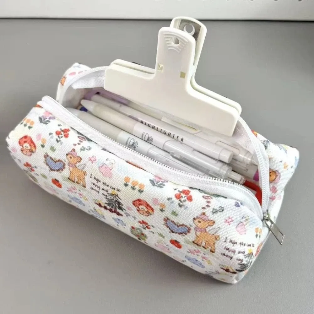 Large Capacity Deer Print Pencil Case Zipper Canvas Pen Pouch Wear-resistant Single Layer Kids Stationery Bag School Supplies