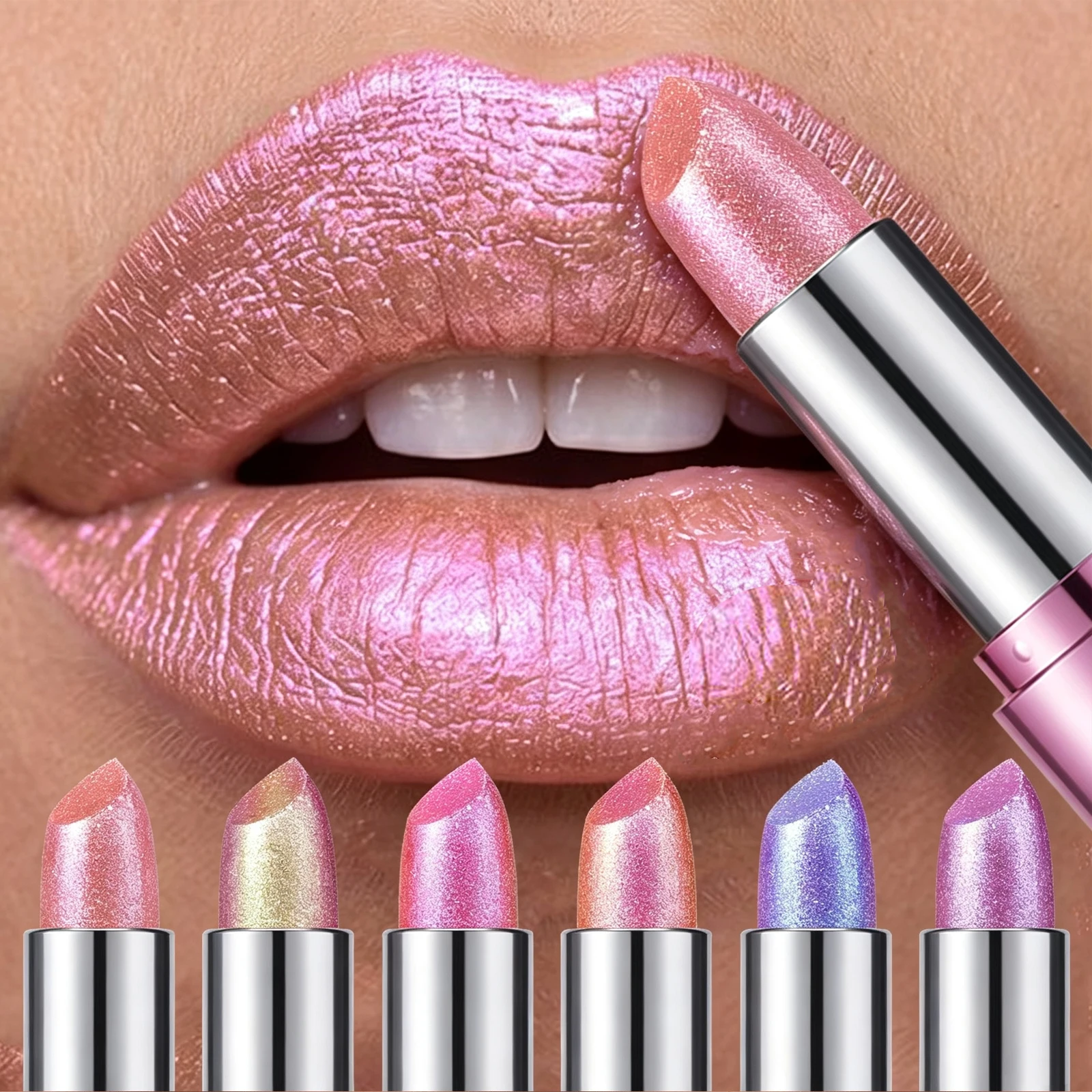 Chameleon Peach Metallic Lipstick High Shine Color Changing Matte Glitter Diamond Blue Purple Lip Gloss Halloween Stage Makeup