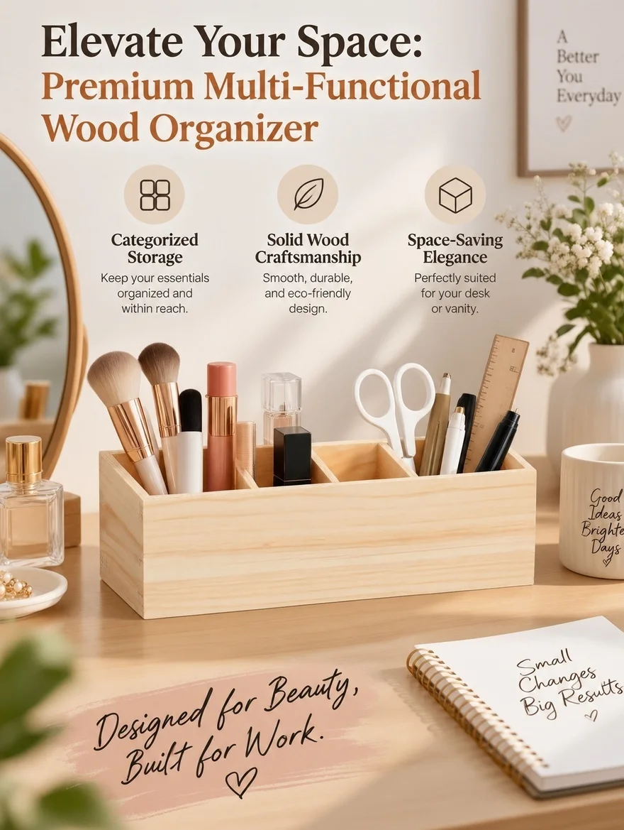 Pine Wood Pen Holder Desktop Organizer with Compartment Design for Makeup Brushes Lipsticks Nail Polish Stationery Storage