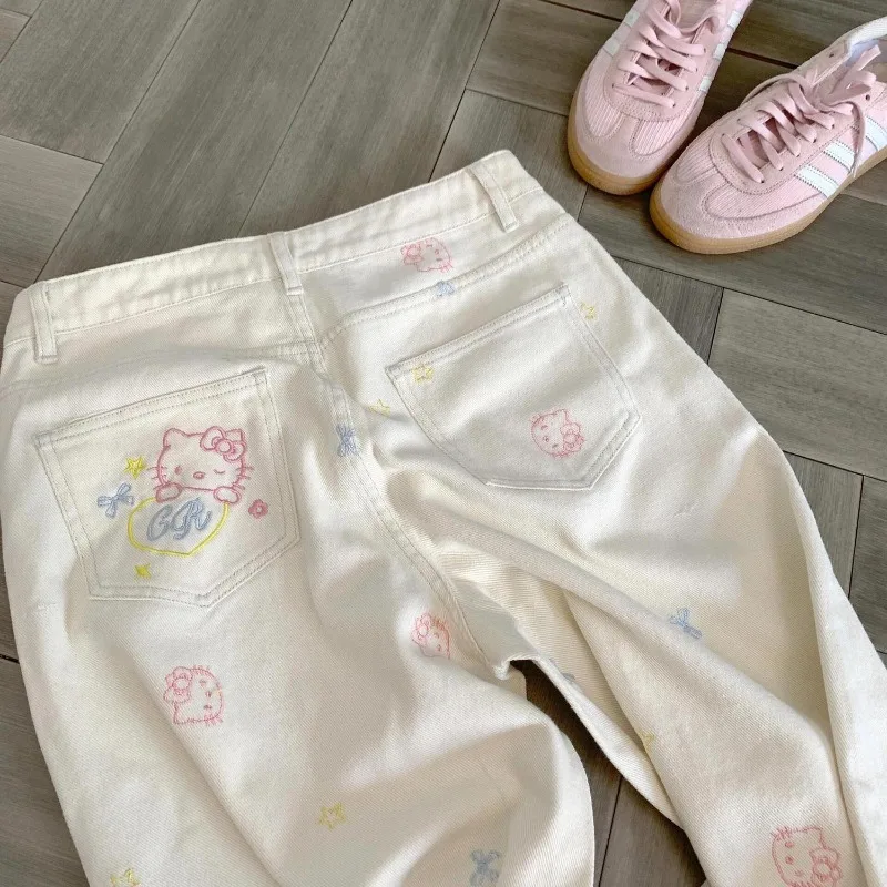 

Sanrio Hello Kitty джинсы с вышивкой, женские летние американские брюки прямого кроя с высокой талией и широкими штанинами, наряд Dopane, подарок
