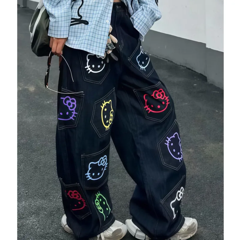 

Яркие неоновые мешковатые джинсы Hello Kitty для женщин, джинсовые брюки Kawaii в стиле хип-хоп с карманом, уличные брюки-карго Y2K