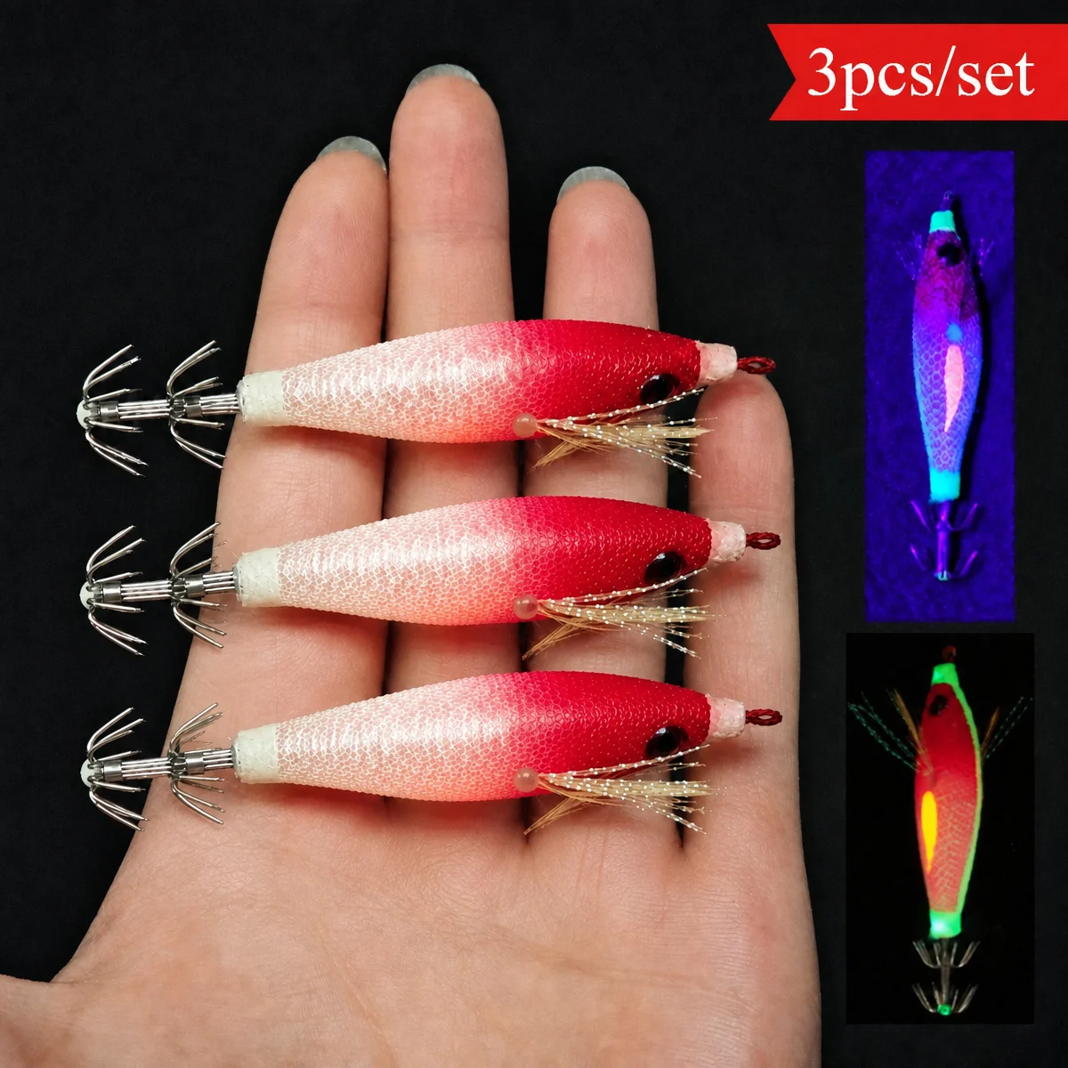 3 PCS Horizontal Squid Jig Egi Set Tinsel UV Luminous Glow Simulation Shrimp Bait 3D Eyes Sharp Umbrella Hooks Night Sea Fishing