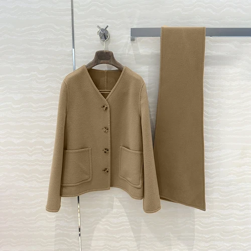 하이 캐시미어 심플 캐주얼 재킷, 카키 루즈 핸드메이드 재킷, 캐시미어 스카프, 통근 짧은 재킷, Y2k 여성 의류, 2024 AW 