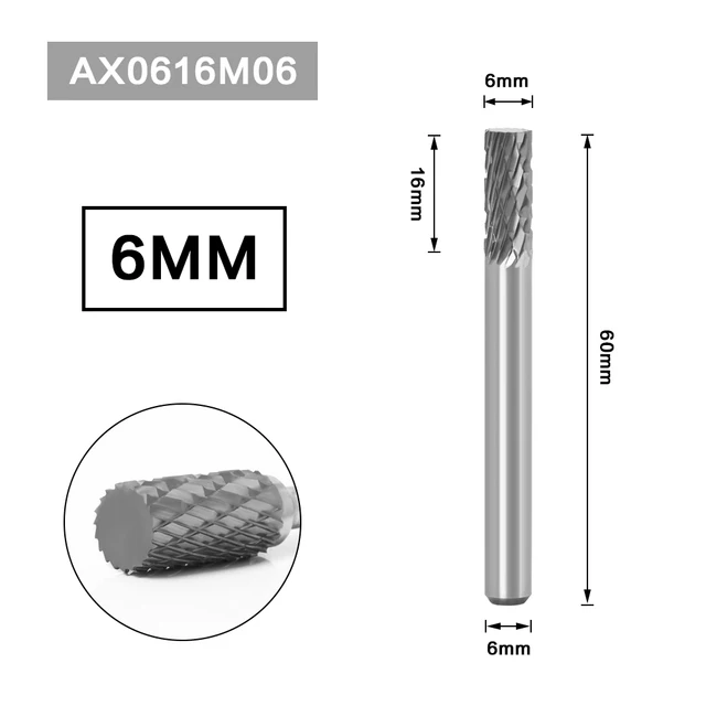 6MM Metal Drawing Tungsten Carbide Milling Cutter Rotary Tool Burr CNC Engraving Abrasive Tools Metalworking Milling Polishing