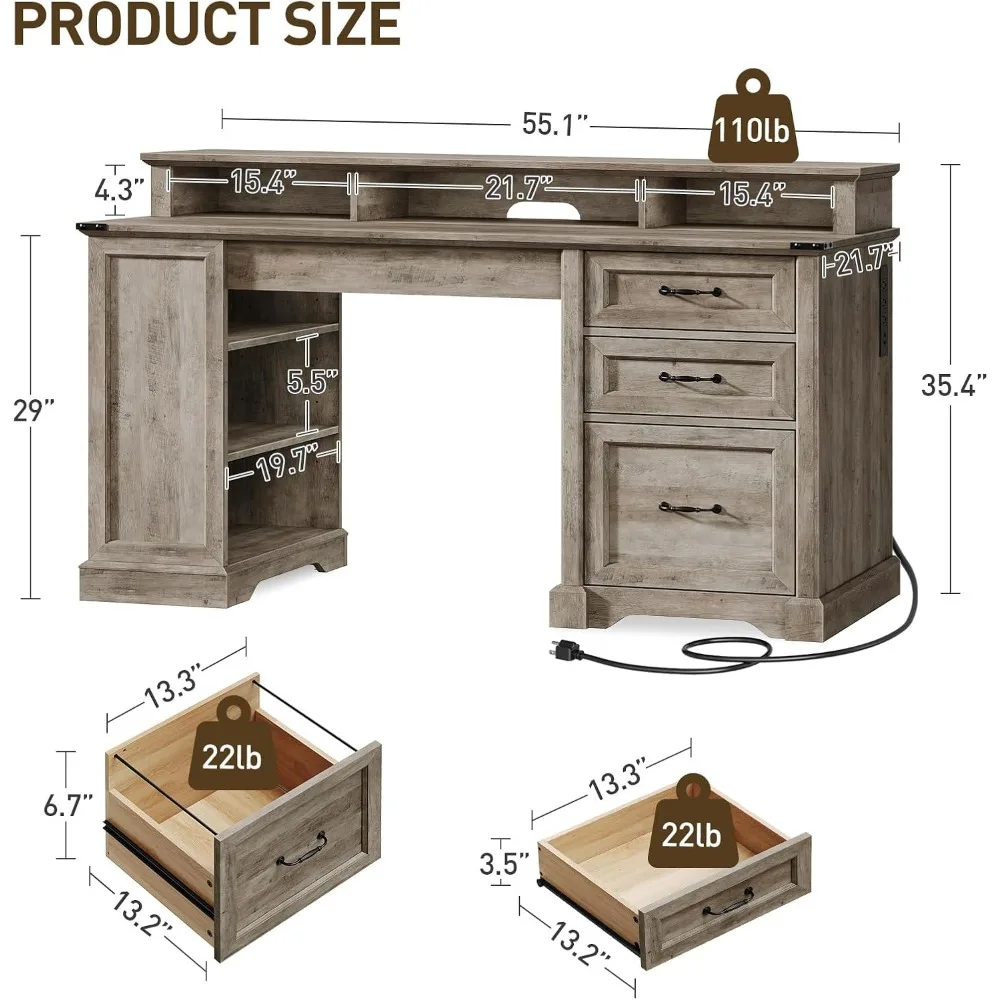 Mesa executiva de fazenda de 55 '' com gavetas, mesa de escritório doméstico com armário de arquivo e prateleira de armazenamento