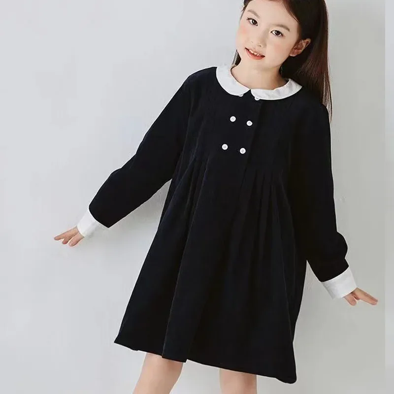 

Teenage Girls Corduroy Dress Elegant Princess Party Spring Autumn Little Girl Long Sleeve Dresses Children's Navy Blue Clothing