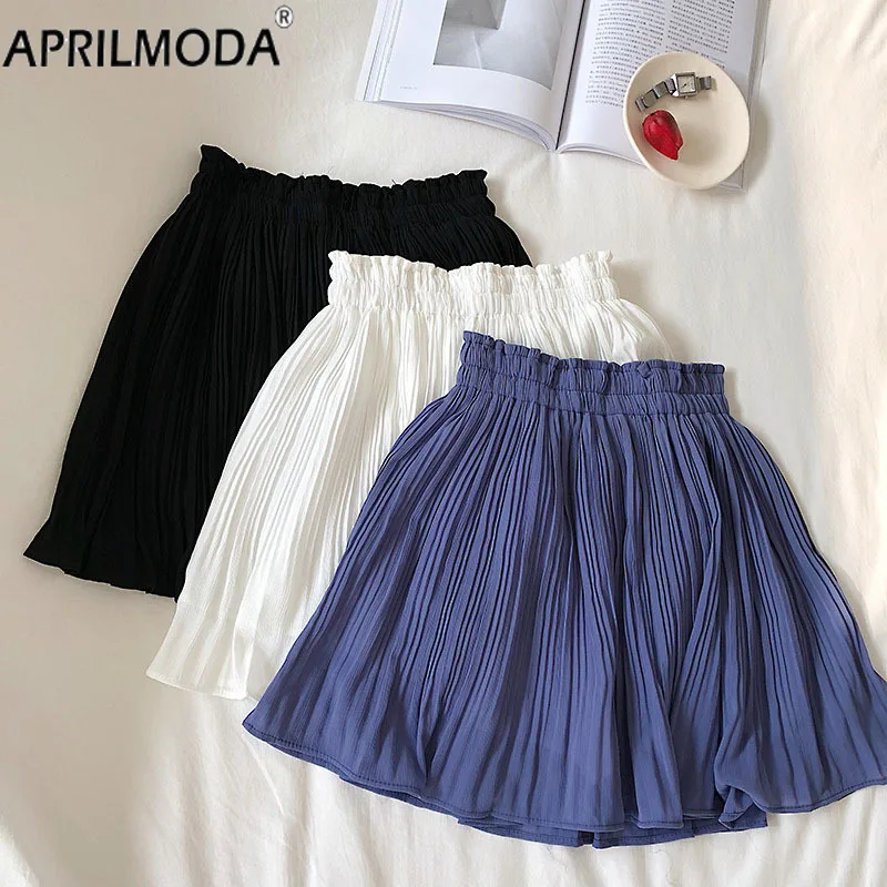 

2024 Solid Chiffon Summer Shorts Skirt White Black Blue Women Fashion Elastic Waist Pleated Mini Skirt Casual Beach Faldas Saias