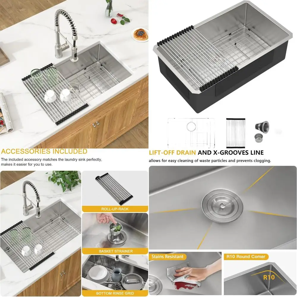 

28 Inch Undermount Single Bowl Stainless Steel Kitchen Sink with Drying Rack, 28x19x9, T304, Quick Drain