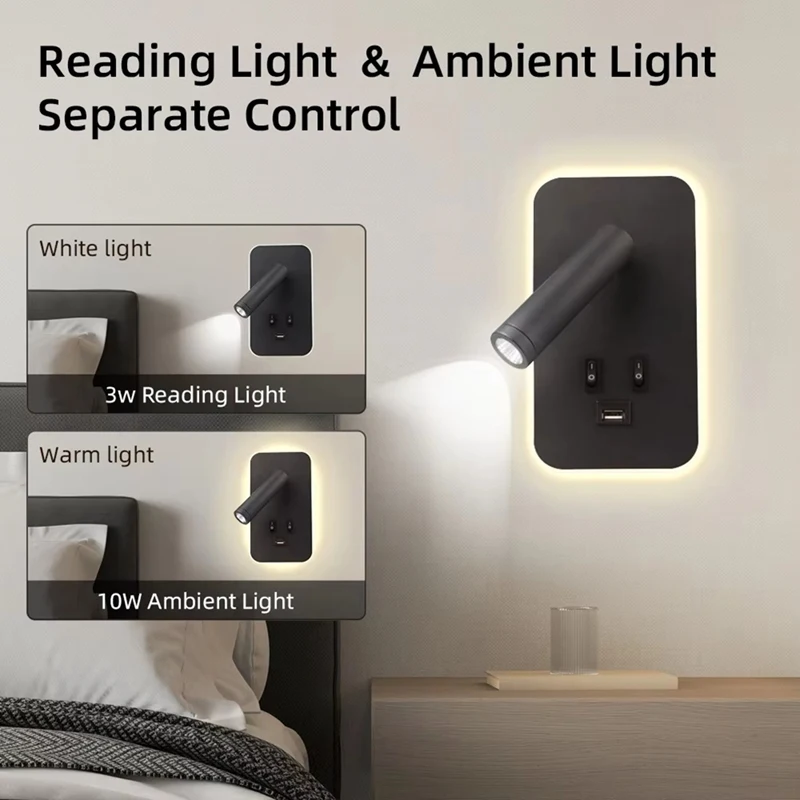 Bedside Wall Lamp with Switch USB Port Wall Mounted Spot Lights Bedroom Wall Sconce Rotatable Led Wall Light Cabinet-A55K