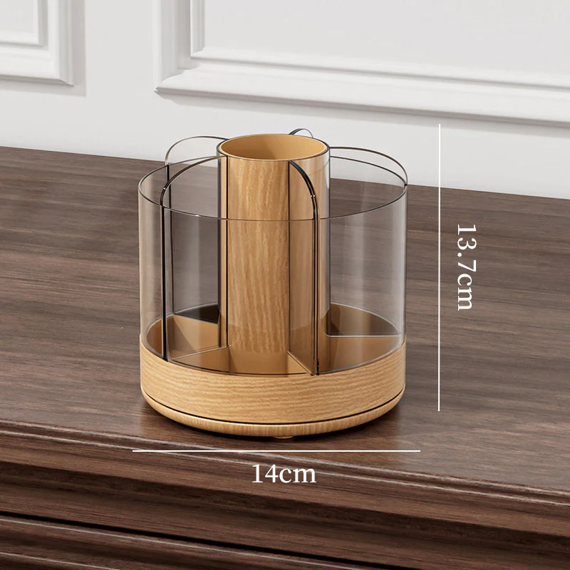 Makeup Brush Holder 360° Rotating 6 Slot Multi-Compartment Storage Acrylic Large Capacity Makeup Brushes Case With Wooden Base
