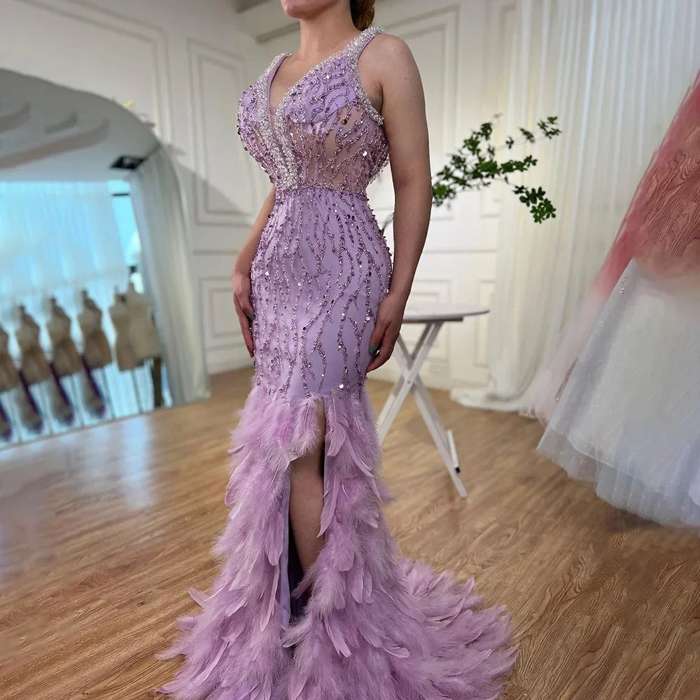 

Luxury Feather Beaded Evening Dresses Fashion V-Neck Sequined Mermaid Gowns Elegant Side Slit Sweep Train Party Prom Dresses