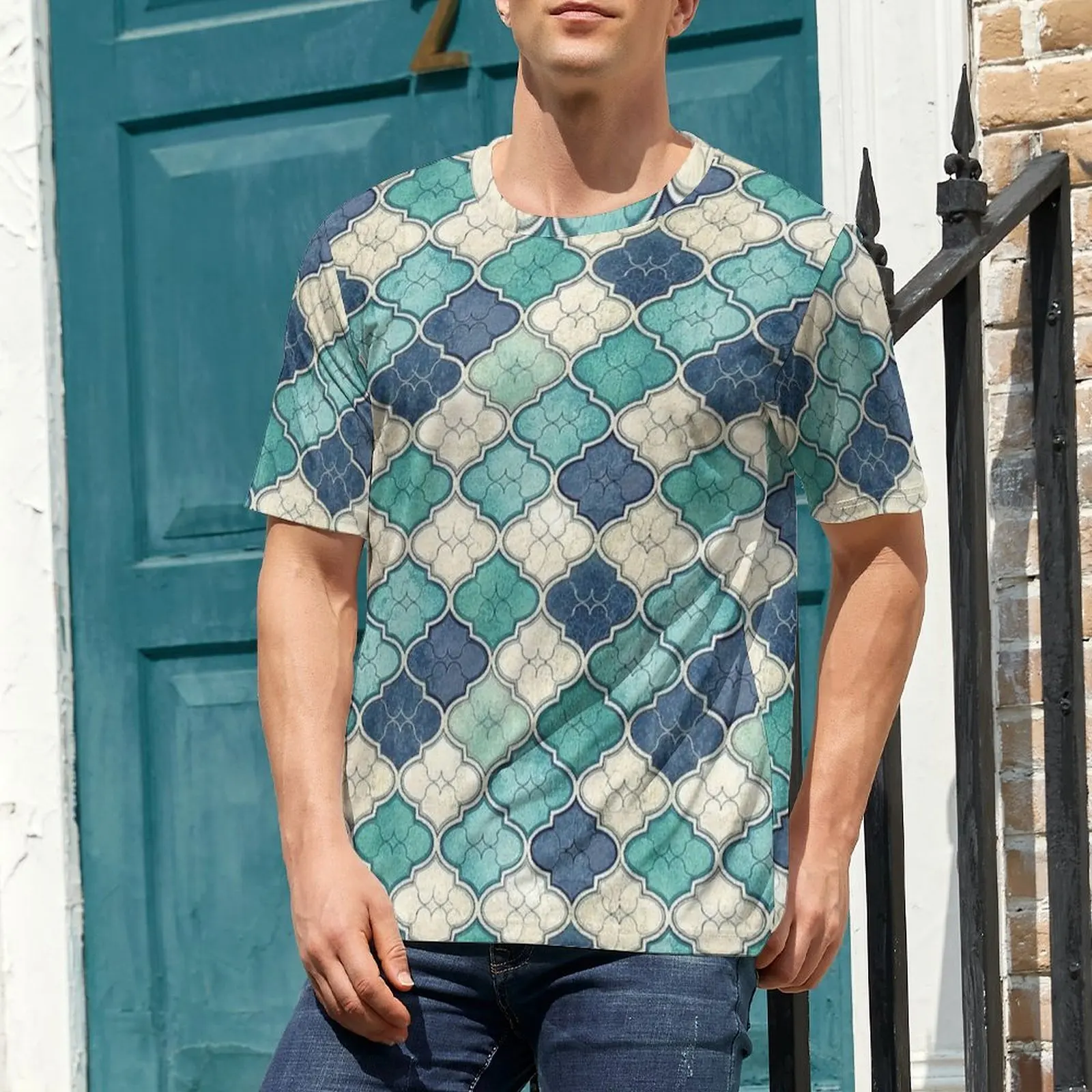 Oversized T Shirt Summer Sage Cream Distressed Moroccan Tile T-Shirts  Casual O Neck Tee Shirt Couple Vintage Pattern Tops