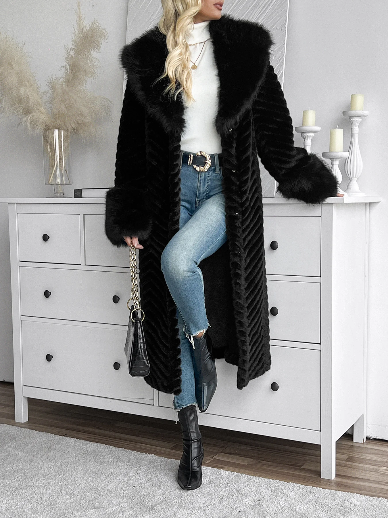 Imitation mink fur coat letter W print imitation fox fur collar + fur sleeve long women's autumn and winter coat