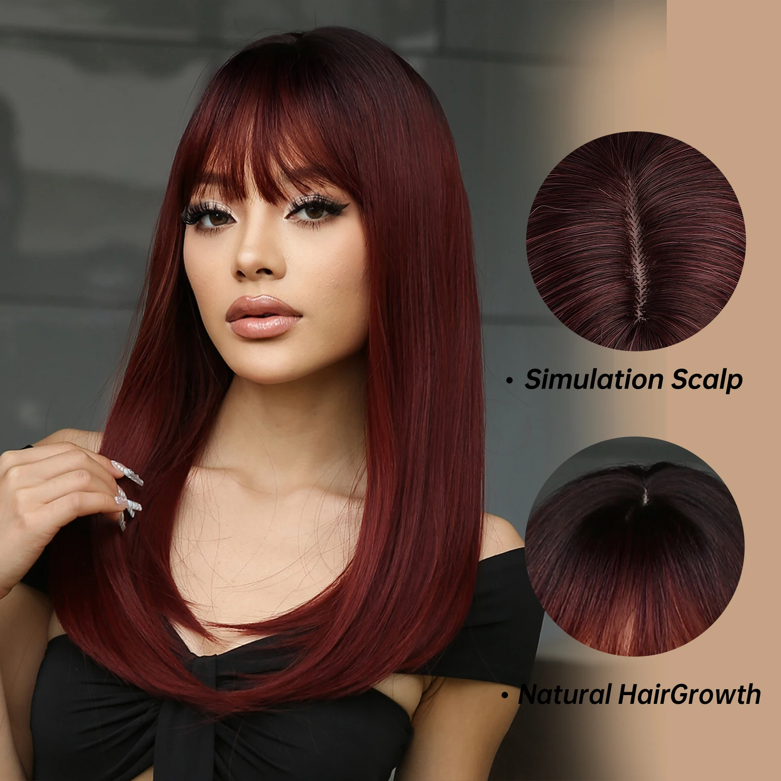 Long Burgundy Straight Synthetic Wigs with Bangs Ombre Wine Red Cosplay Wig for Women Afro Natural Hair Daily Heat Resistant Use