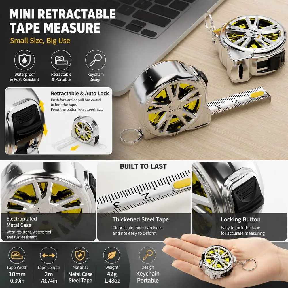 2M Keychain Tape Measure Retractable Rust Resistant Mini Tape Measure DIY Projects Waterproof Measuring Tape Body Measurement