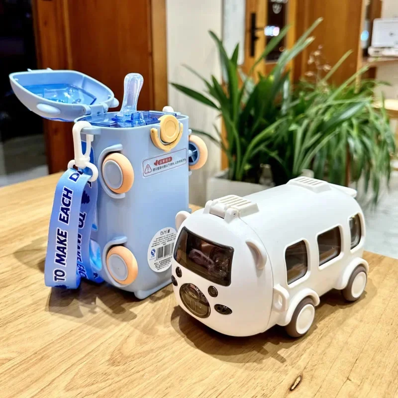 Cute Bus Portable Water Bottle With Shoulder Strap Kid Car Straw Water Cup Bus Shape Children Water Bottle Mugs