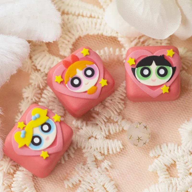 

Cute The Powerpuff Girls Key Caps Blossom/Buttercup/Bubbles Resin Layered Drip Gel MX Switch Keycaps for Mechanical Keyboards