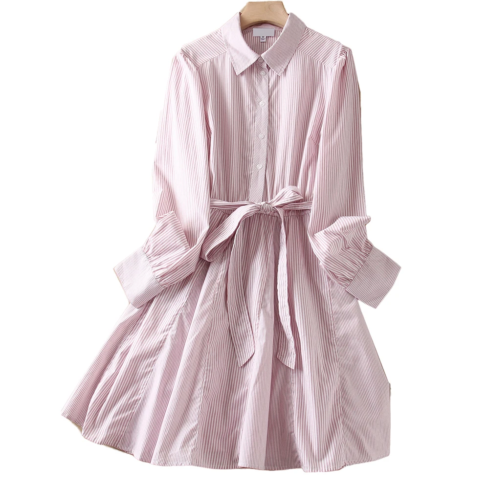 Doce rosa listrado camisa vestido para mulher outono fino manga cheia a linha vestidos casuais de cintura alta rendas vestidos de comprimento médio