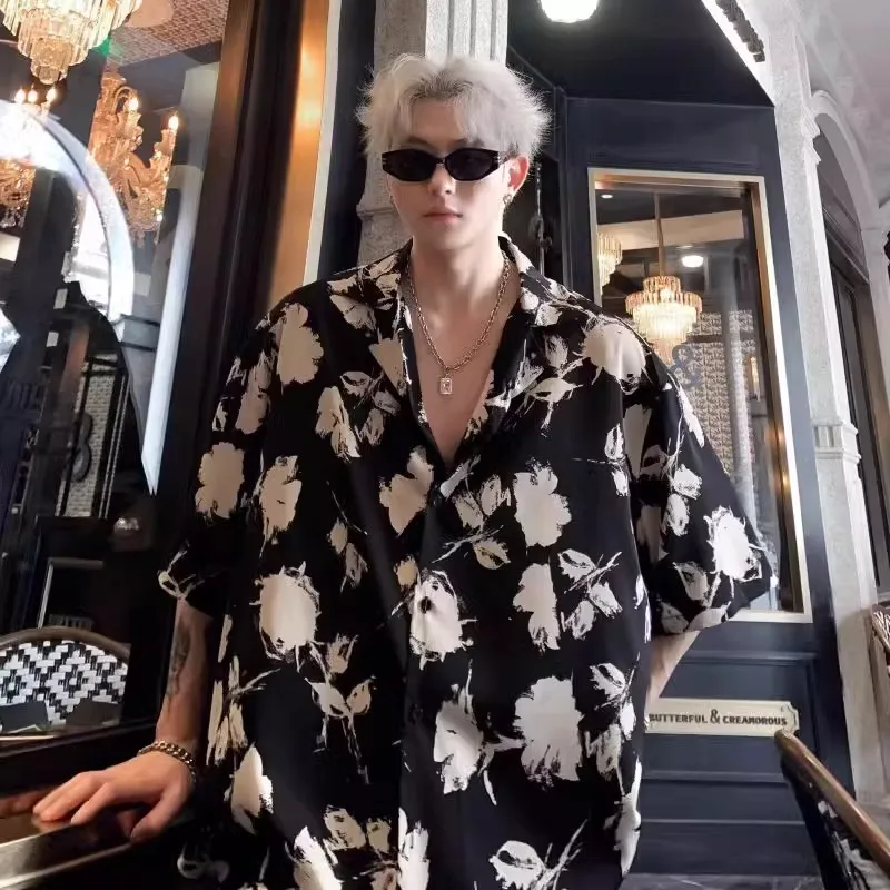 Summer Casual Men's Floral Print Short Sleeve Shirt Large Size 3000couples Polyester Fiber Standard Fit Youth Fashion