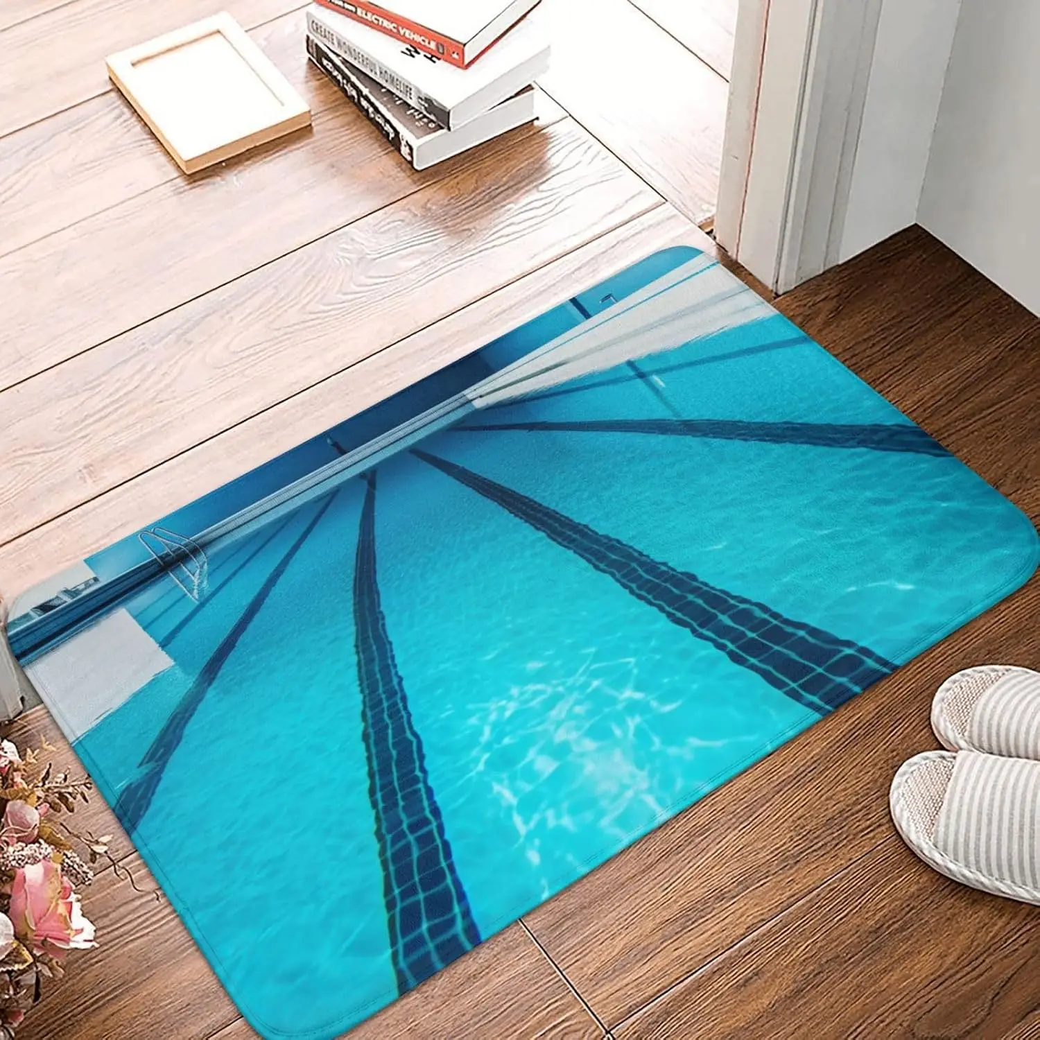 Blue Swimming Pool Door Mat, Summer Water Sport Floor Mat, Cool Diving Lane Entrance Rug, Non-slip Washable Bathroom Home Decor