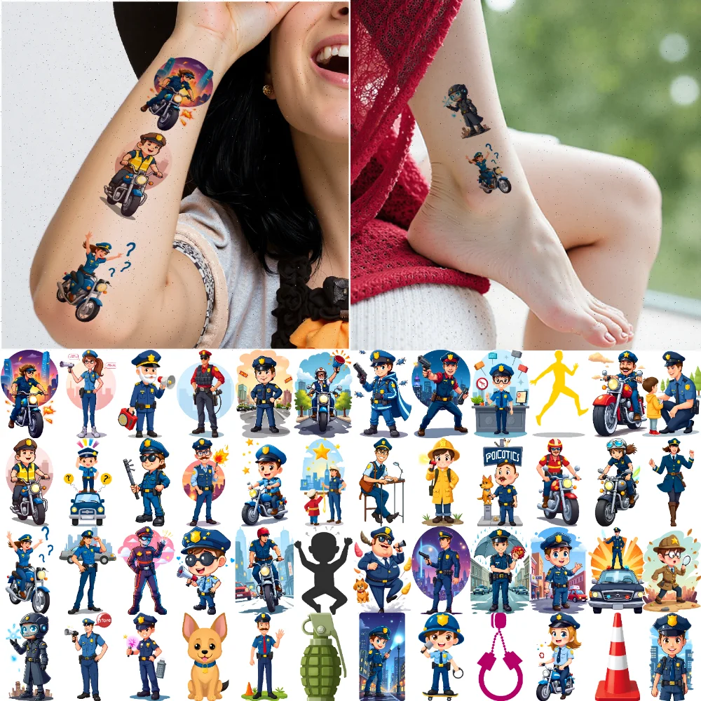 

63pcs Temporary Tattoo Cartoon Police Cartoon Graphic Design Police Illustration Temporary Tattoo Stickers For Children Men