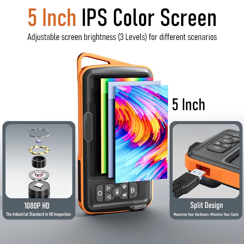 5 ''IPS شاشة المنظار الصناعي 1080P HD التفتيش المزدوج 8 مللي متر كاميرا انفصال تصميم IP67 Borescope لأنابيب المجاري