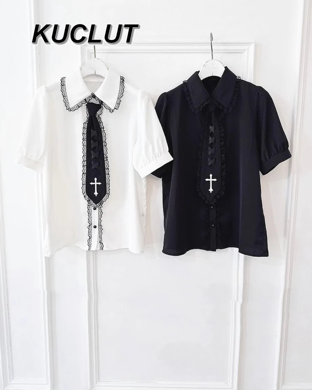 Japanese Mine Lace Collar Small Tie Short Sleeve Shirt Goth Shirts Y2k Top Ruffle Edge Puffy Strap Short Skirt Culottes Set Girl