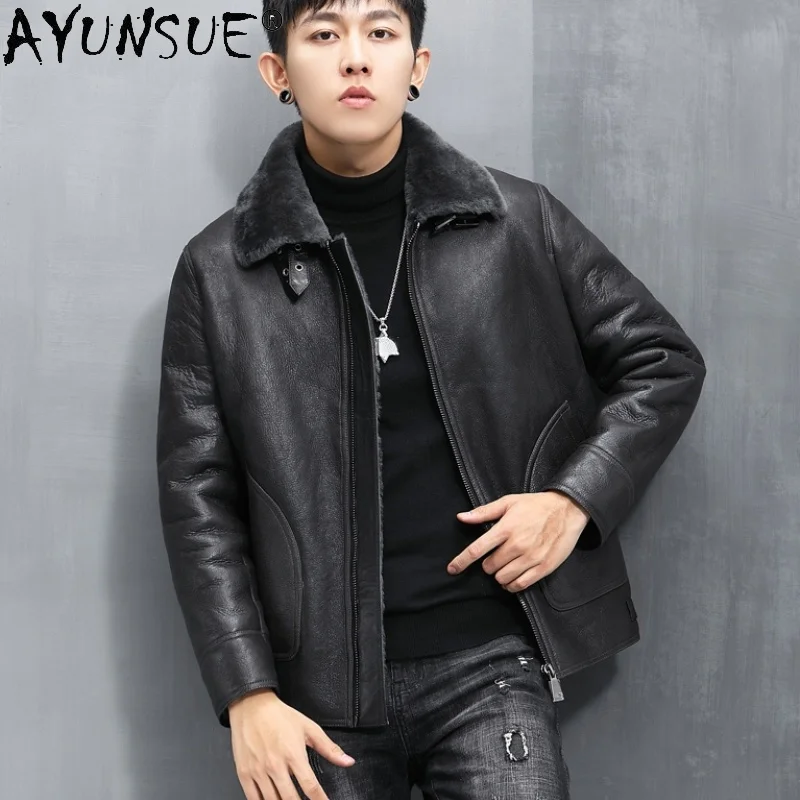 Natural Fur Coats Men Genuine Sheepskin Leather Jacket 2021 Winter Autumn Black Warm Wool Man Jackets Veste Homme Gmm349