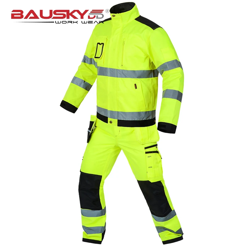 Bauskydd High Visibility Workwear Suit Work Suit Fluorescent Yellow Work Jacket Work Pants with Knee Pads