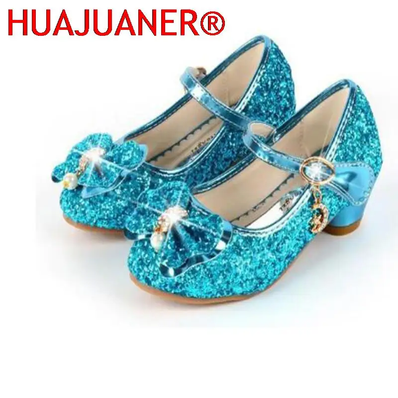 Princess Kids Leather Shoes For Girls Flower Casual Glitter Children High Heel Girls Shoes Butterfly Knot Blue Pink Silver