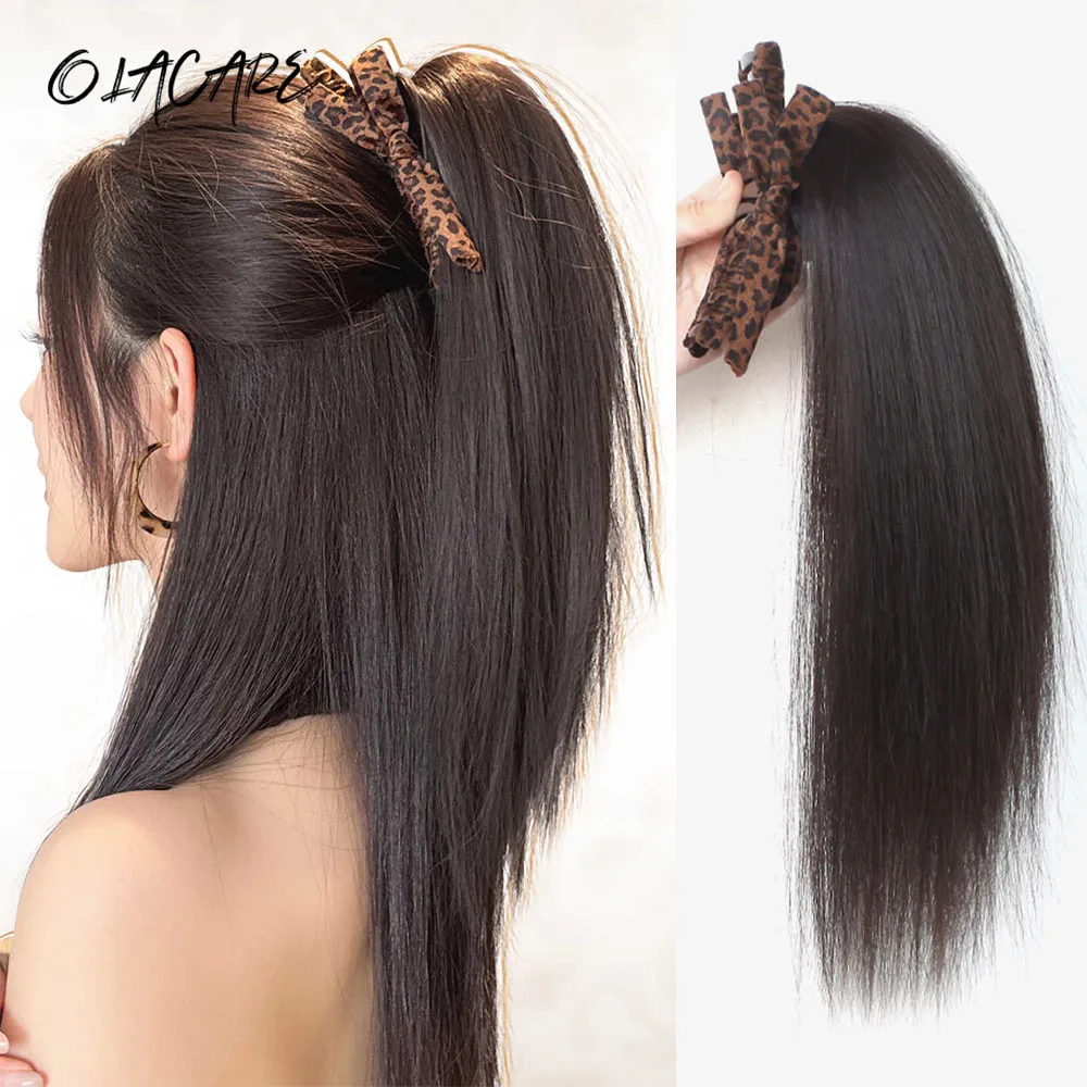 OLACARE 16Inch Short Straight Synthetic Hair with Leopard Print Bowknot Hair Clip Half-Up High Ponytail Wig for Women Daily Wear