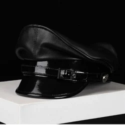 Luxury Lambskin Hat Men Male Germany Officer Visor Black Locomotive Retro Military Hat Patent Leather Cortical Casquette