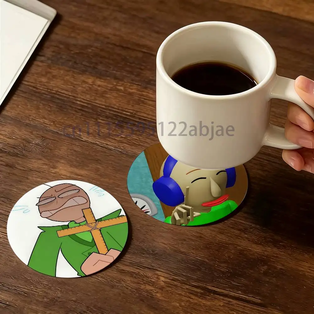 B-Baldi's Basics in Education and Learning Round Wooden Coaster Decorative Coffee Cup for Use in Coffee Shops Bars