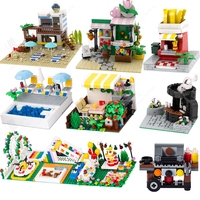 MOOXI City Mini Architecture Beach Pool Flower Shop Model MOC Brick DIY Assembled Building Blocks Toy For Children Birthday Gift