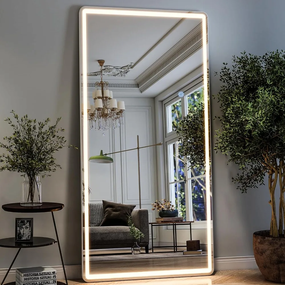 

34x76 inch Full Length Mirror with Lights - LED Full Body Mirrors Stepless Dimmable 3 Color Lighting Floor Standing Hang