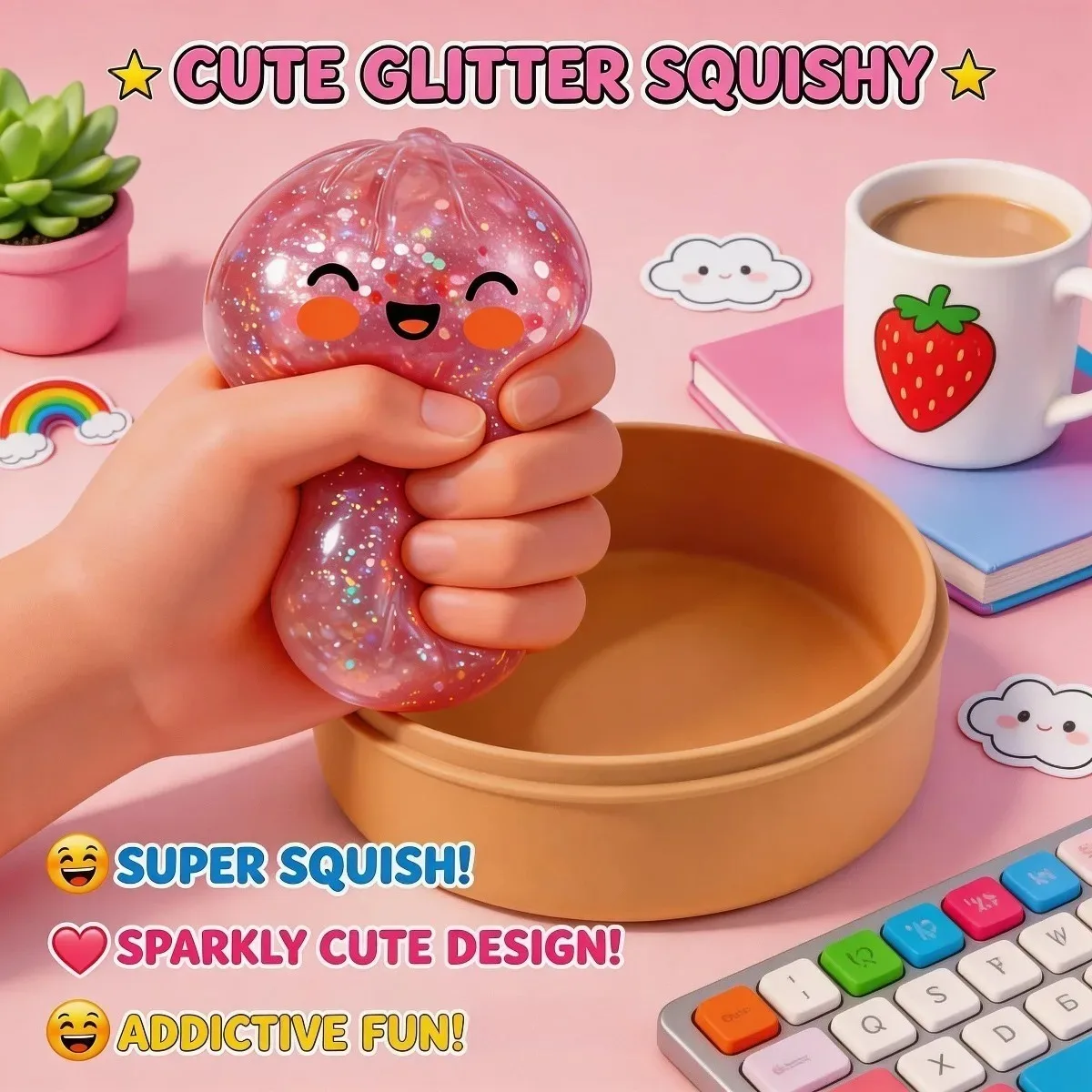 Hot Kawaii Dumpling Stress Ball Toy with Smile Face Unique Steamer Base Squeezable Dough Ball Birthday Gift for Girl Boy Adult