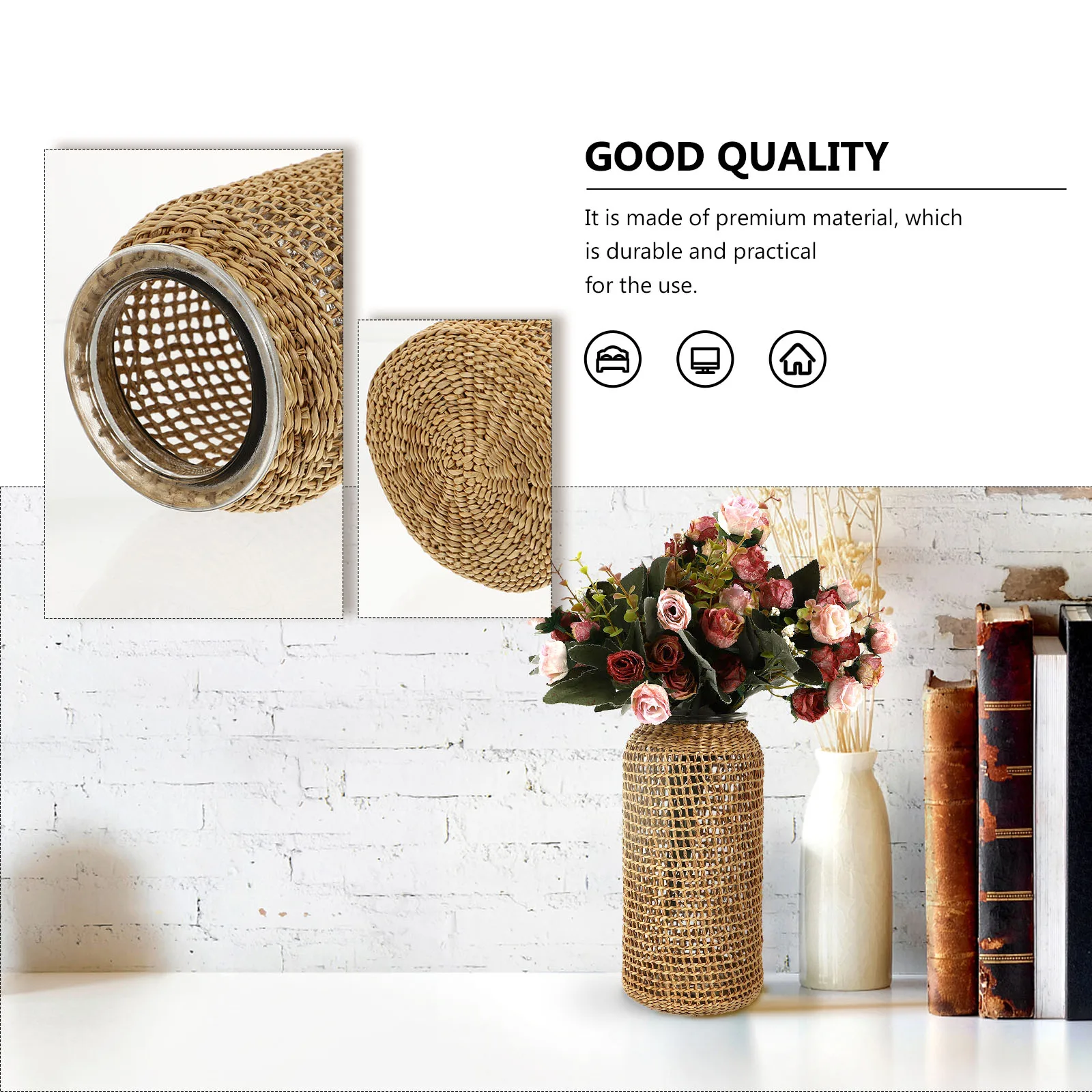 

Grass Woven Flower Decorative Glass Desktop Ornament Dried Flower Container Household Plant Vase Hydroponic Vase Elegant Chic