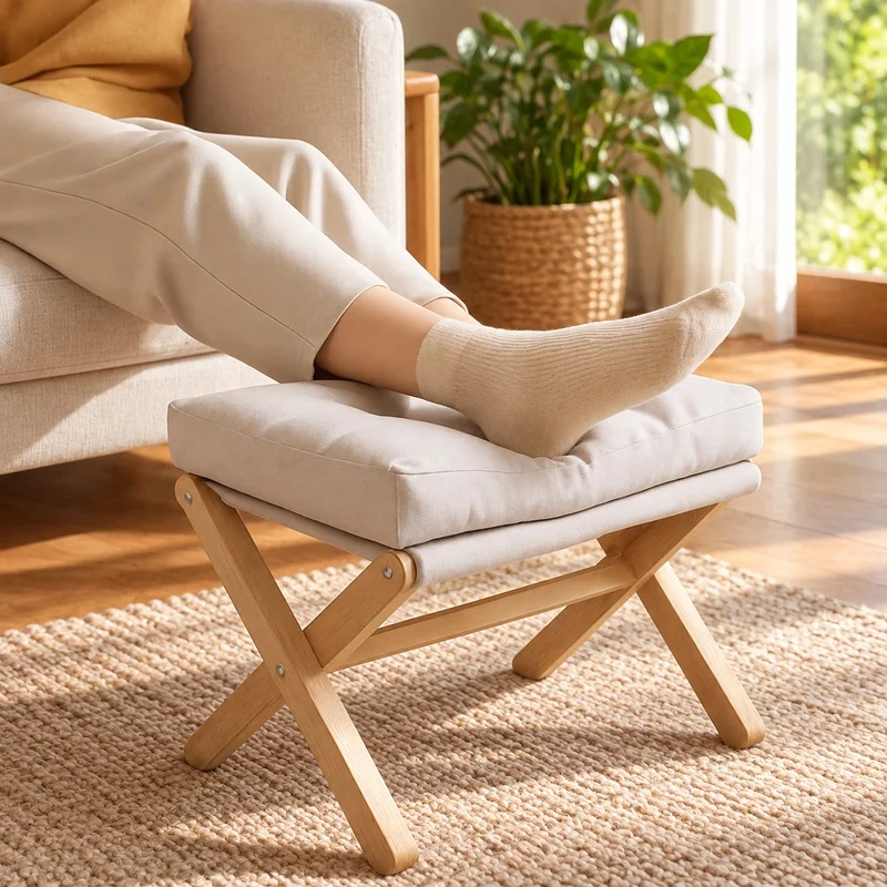Wooden Folding Footrest Stool with Plush Cotton Padding for Living Room and Hallway Use