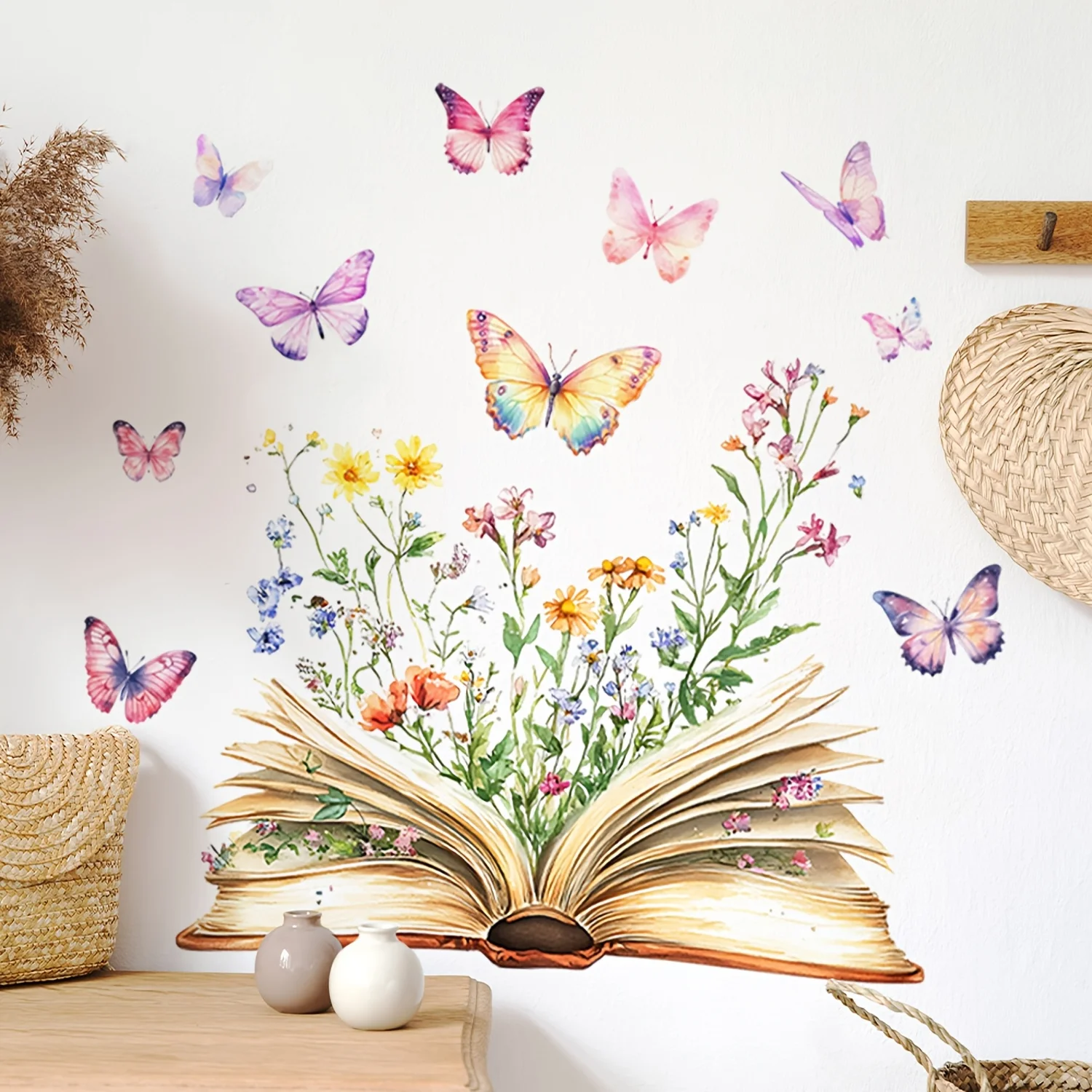 Butterfly Flower Wall Stickers Book Design Self-Adhesive Wall Decals Home Living Room Bedroom Watercolor Peel Stick Mural Decor