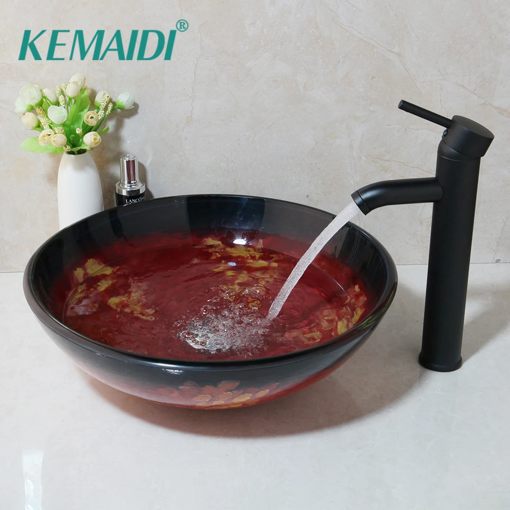 

KEMAIDI Tempered Glass Basin Sink Faucet Combo New Washbasin Deck Mounted Basin Sinks w/Black Faucets Mixer Tap