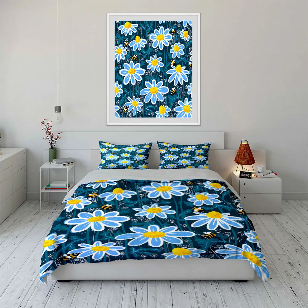 Blue daisies with bees pattern Bedding Set for Kids Luxury Gift 3pcs Digital Print Comforter Set Soft Comfortable Breathable