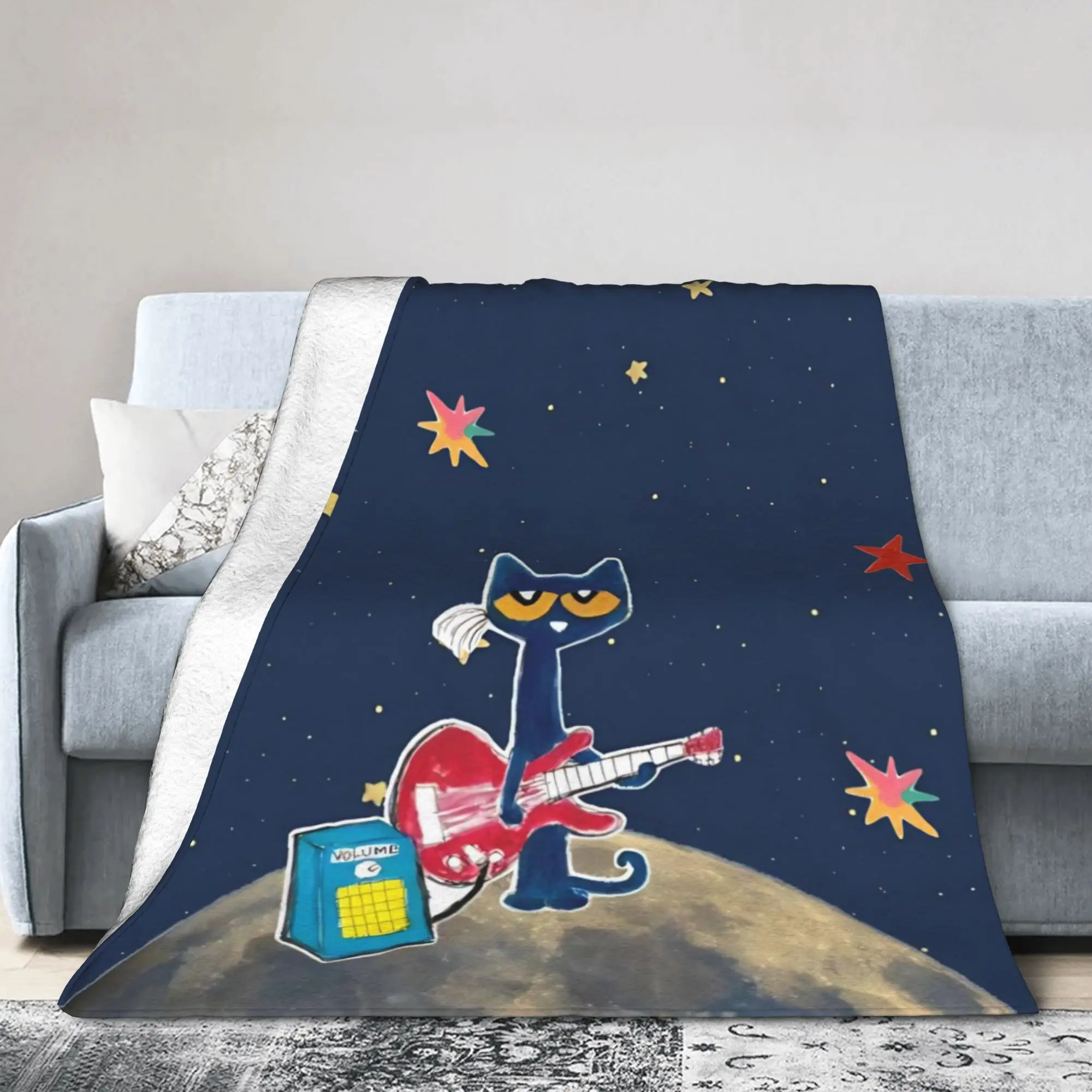 Pete The Cat Cartoon Space Guitar Blanket  Flannel Awesome Warm Throw Blankets for Home Summer