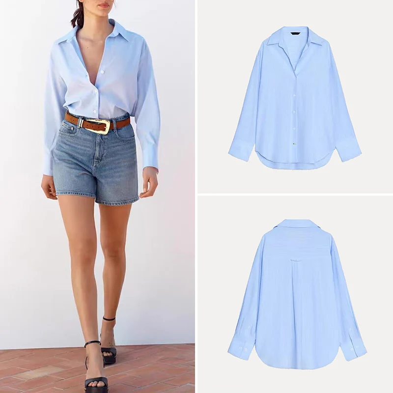 

mat Ox Long Sve irt for Women Spring 2025 New Sle Striped Turn-down Collar Polyester Fiber 00% Versatile B...