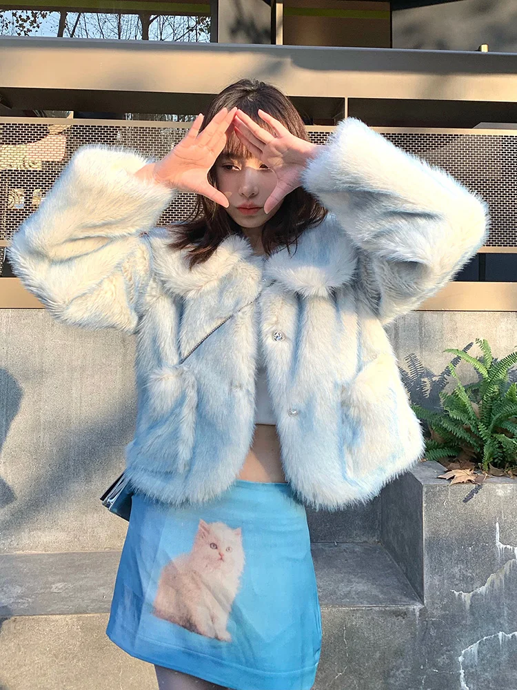 Kawai Faux Fur Coat for Women Short Jacket Turn-Down Sweet Eco Fur Coat Artificial Fur Jacket  Korean Fashion New 2023