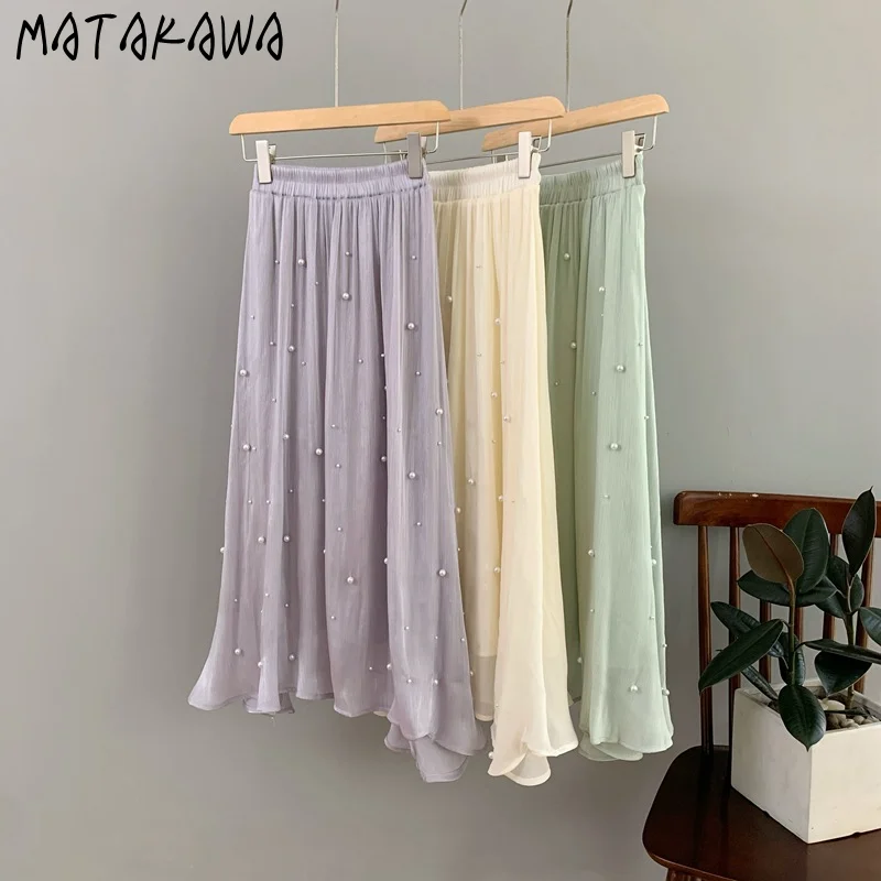 

Matakawa Mesh Beading Women Skirts A-line Solid Spring Summer Sweet Elegant Faldas High Waist Korean Fashion Jupe Femme